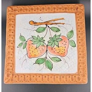 Horchow Italian Glazed Terracotta 6.5" Strawberry Fruits Wall Art Tiles Italy